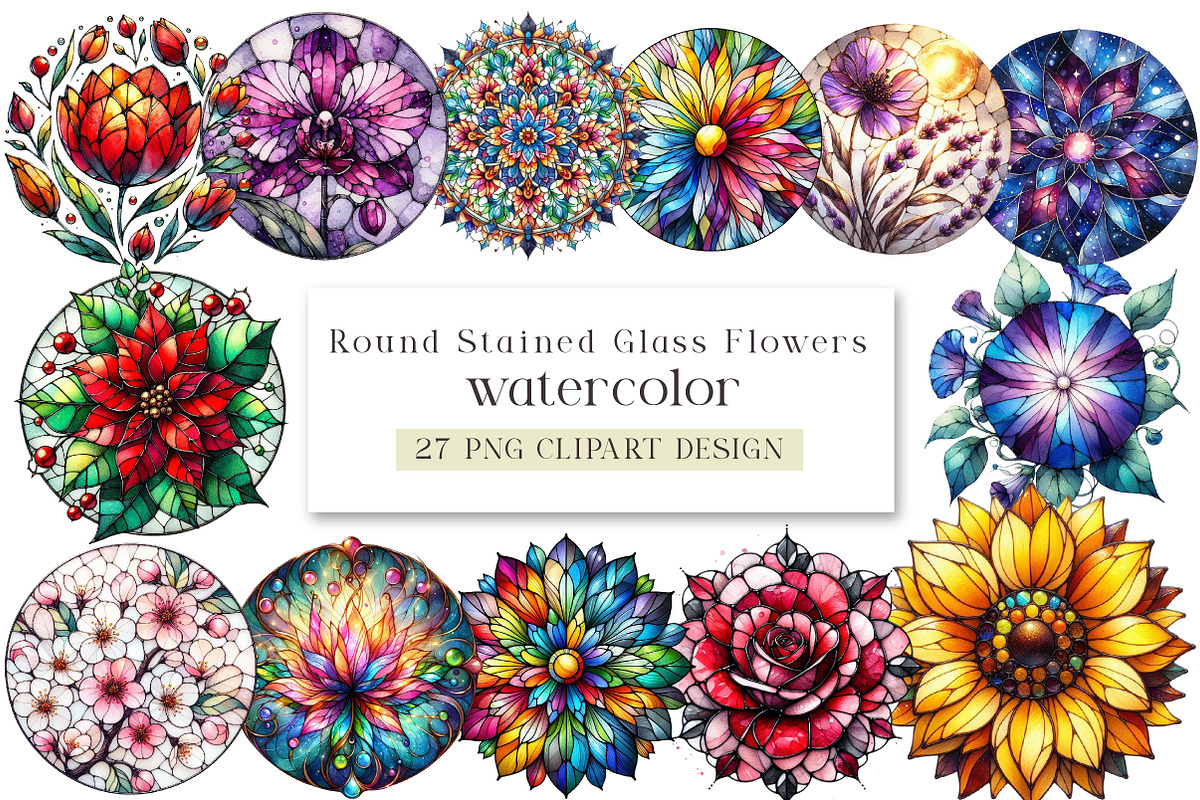 Round Stained Glass Flowers Clipart, an Illustration by DreamArtGraphic (Photo 1 of 4)