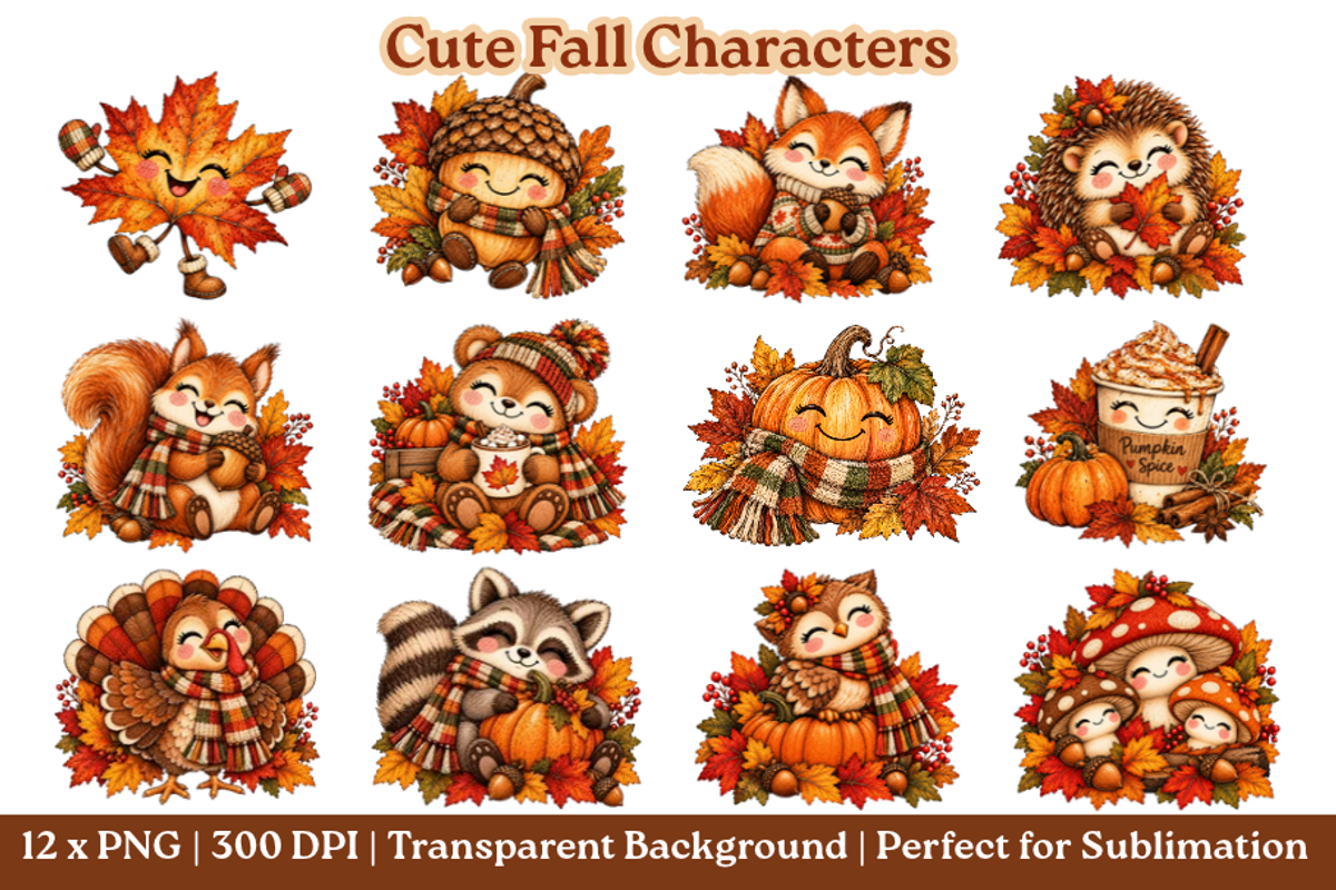 12PNG CUTE FALL CHARACTERS CLIPART, a Seasonal Illustration by Vachira Digital Studio (Photo 1 of 14)
