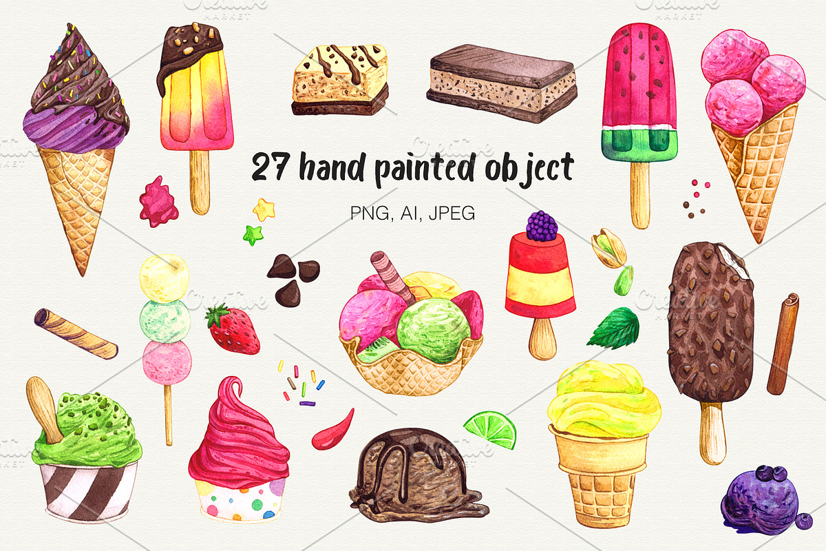 Watercolor Ice Cream Collection, a Decorative Illustration by Olga Alexeenko (Photo 2 of 5)
