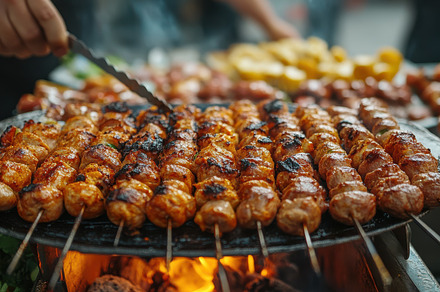 Skewers grilling over an open fire,, a Background Photo by Pixeness