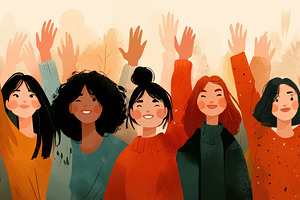 Diverse group of women smiling and raising hands together in uni, a Nature Photo by José Manuel Gelpi