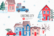 Watercolor Christmas Houses Clipart, a Texture Illustration by YuliyaArtGarden (Thumbnail 1 of 12)