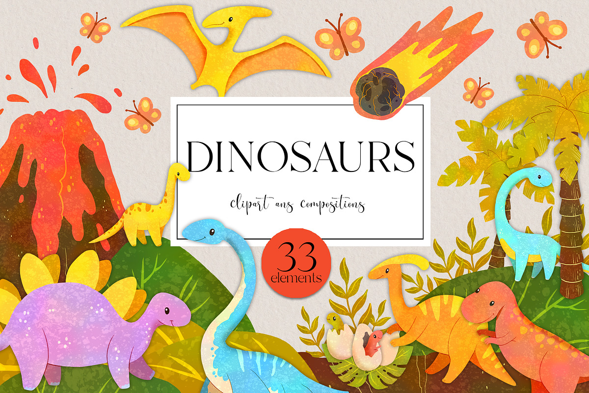 Cute and bright Dinosaurs Clipart, an Animal Illustration by LukaJreym (Photo 1 of 11)