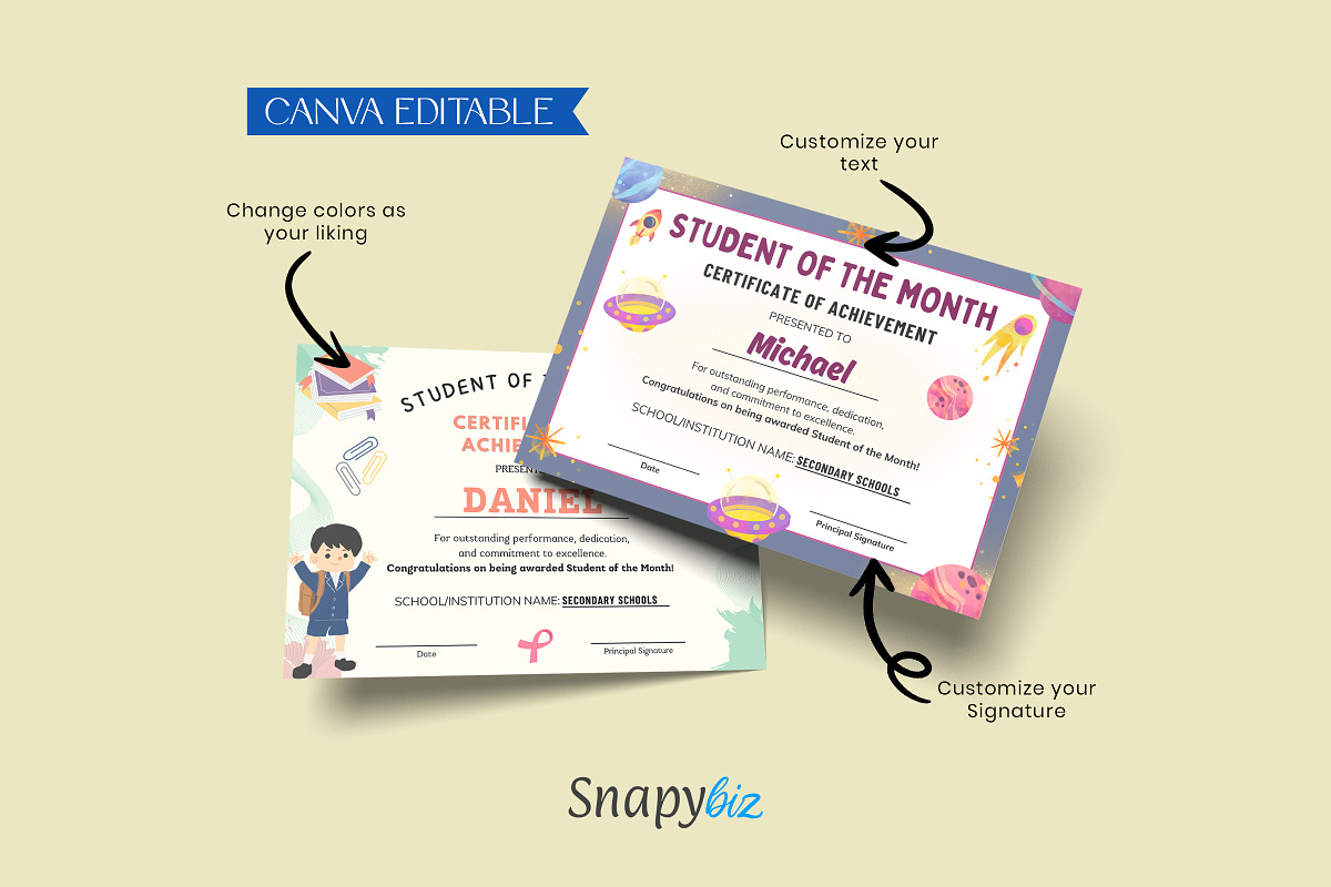 Student of Month Certificate Canva Editable Template