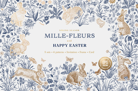 Mille-fleurs and Happy Easter. B&W, a Decorative Illustration by olga.korneeva