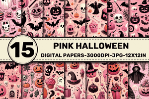 Pink Halloween Pattern Digital Paper, a Pattern Graphic by Dizzy Art Studio