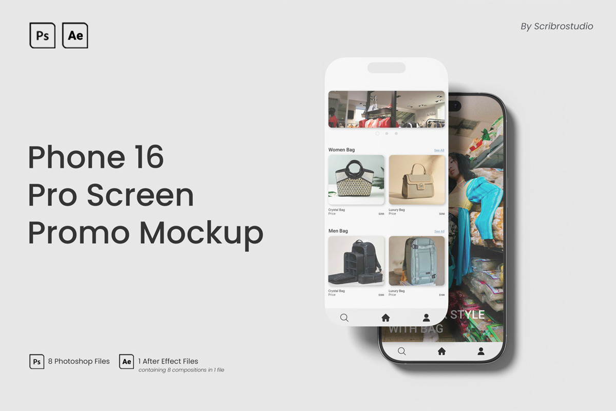 Phone 16 Pro Screen Promo Mockup, an iPhone Mockup by scribrostudio (Photo 1 of 12)