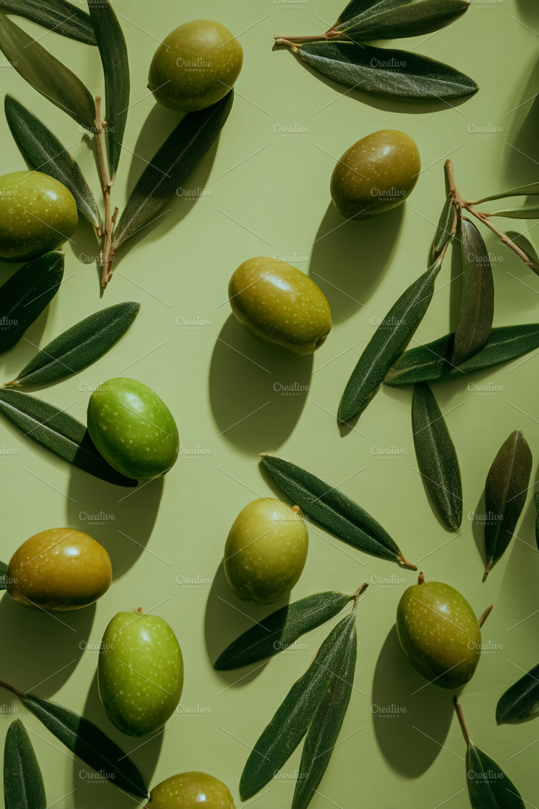 Green olives and olive leaves scattered on a light green backgro, a Photo by Studio ANNA