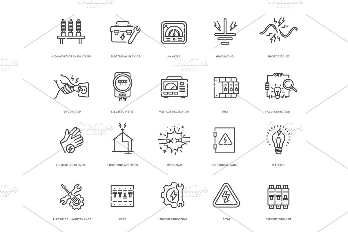 Electrical safety line icons, an Outline Icon by Tettygreen (Photo 2 of 2)