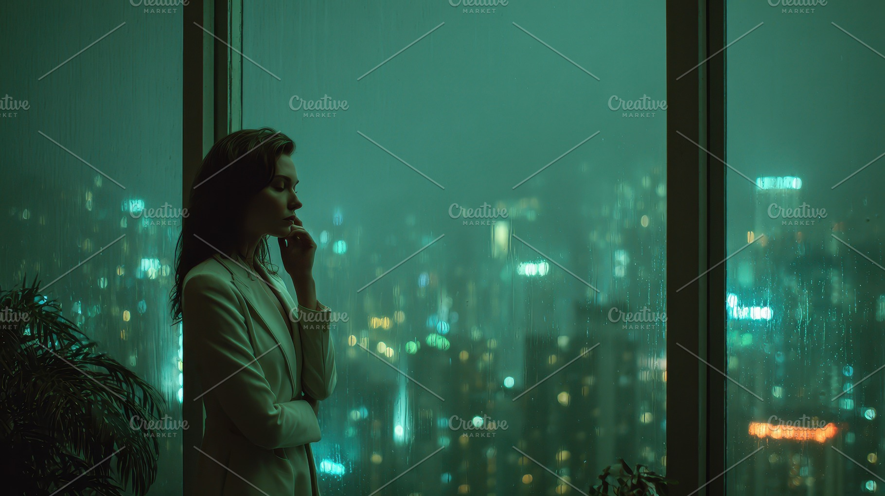 Woman in white suit gazing at rainy, a Photo by Pixeness Studio