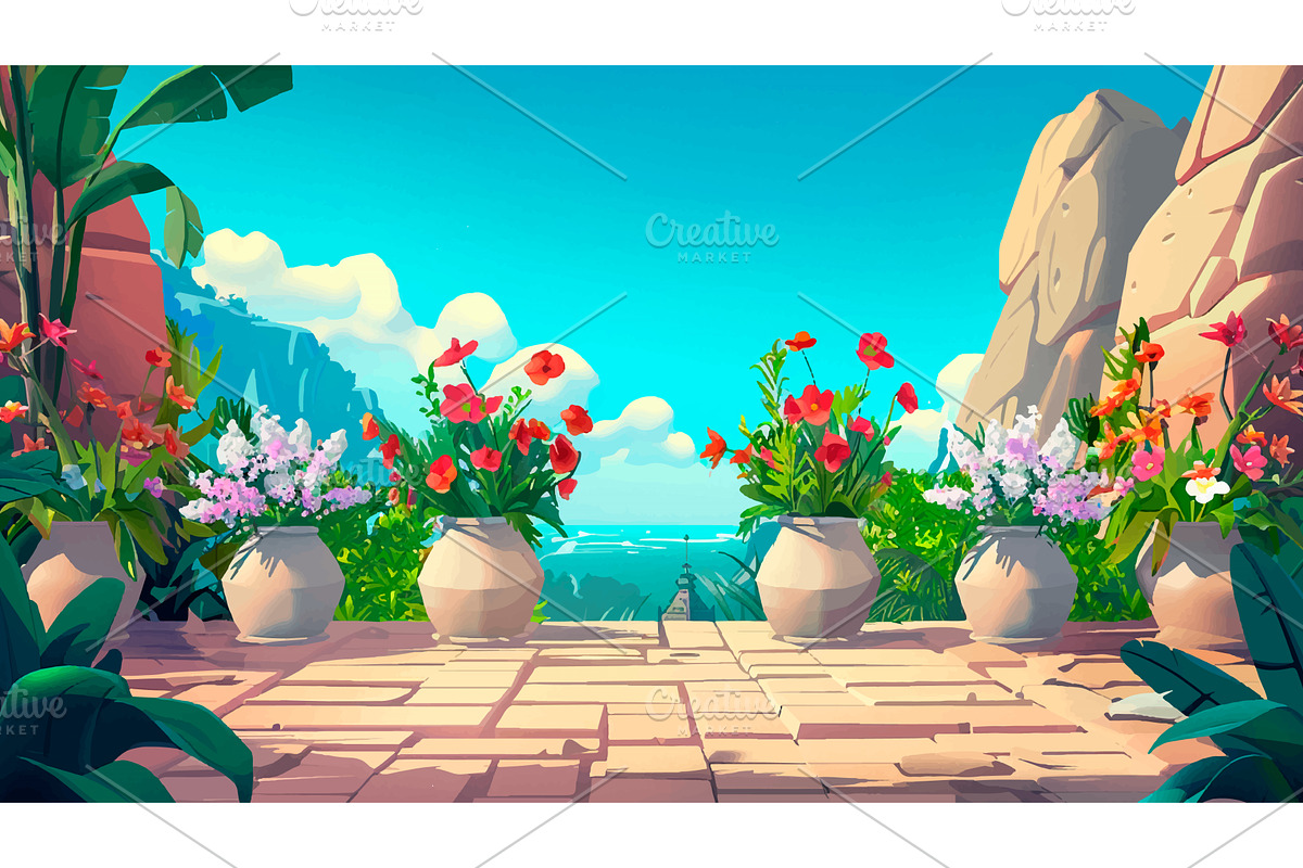 Beautiful Outdoor Terrace with Vases, an Object Illustration by LadadikArt