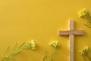 Light Wooden Cross with Yellow Spring Flowers, a Holiday Photo by Davizro's Market