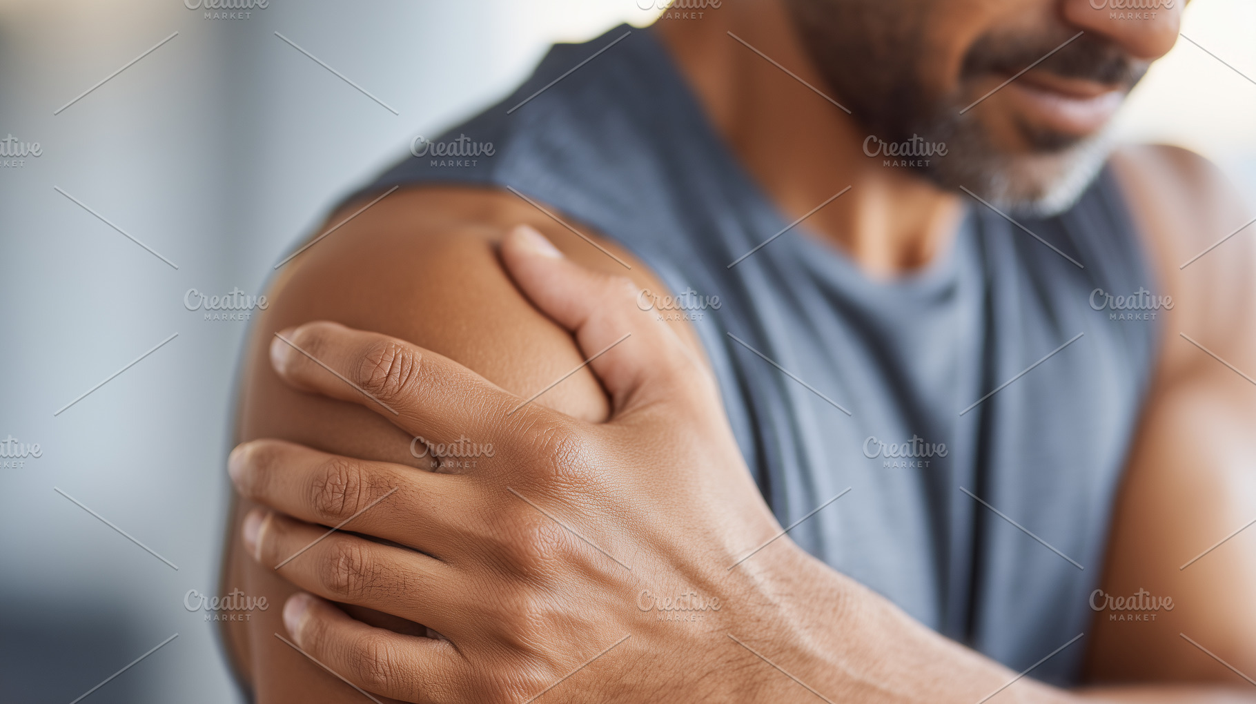 Man holding shoulder in pain after, a Health & Medical Photo by MistyDay