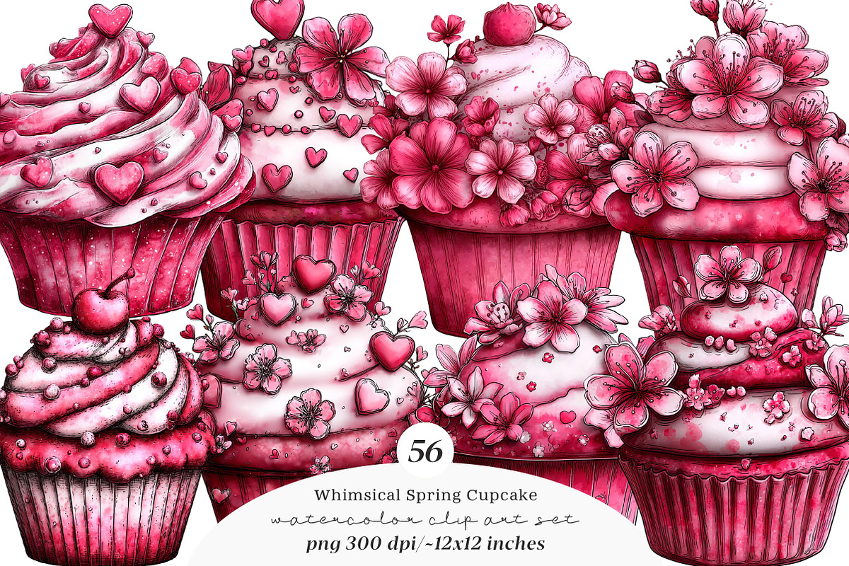 Whimsical spring cupcake clipart, an Illustration by SinaCreation (Photo 1 of 11)