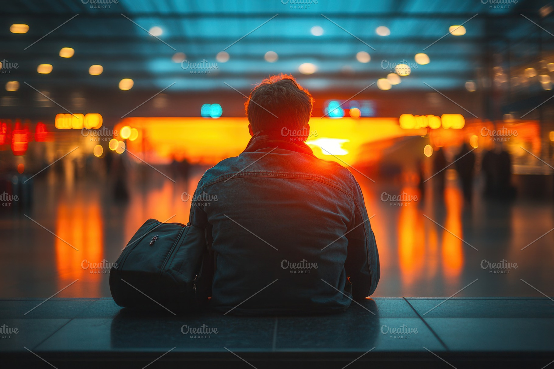 Man waiting at an airport terminal d, a Photo by Tanuart
