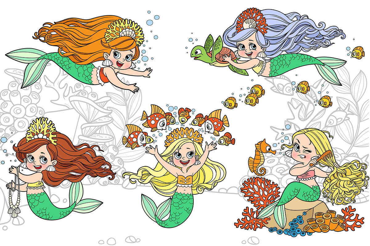 Mermaid in deep sea coloring pages, an Illustration by Azuzlikus (Photo 3 of 11)