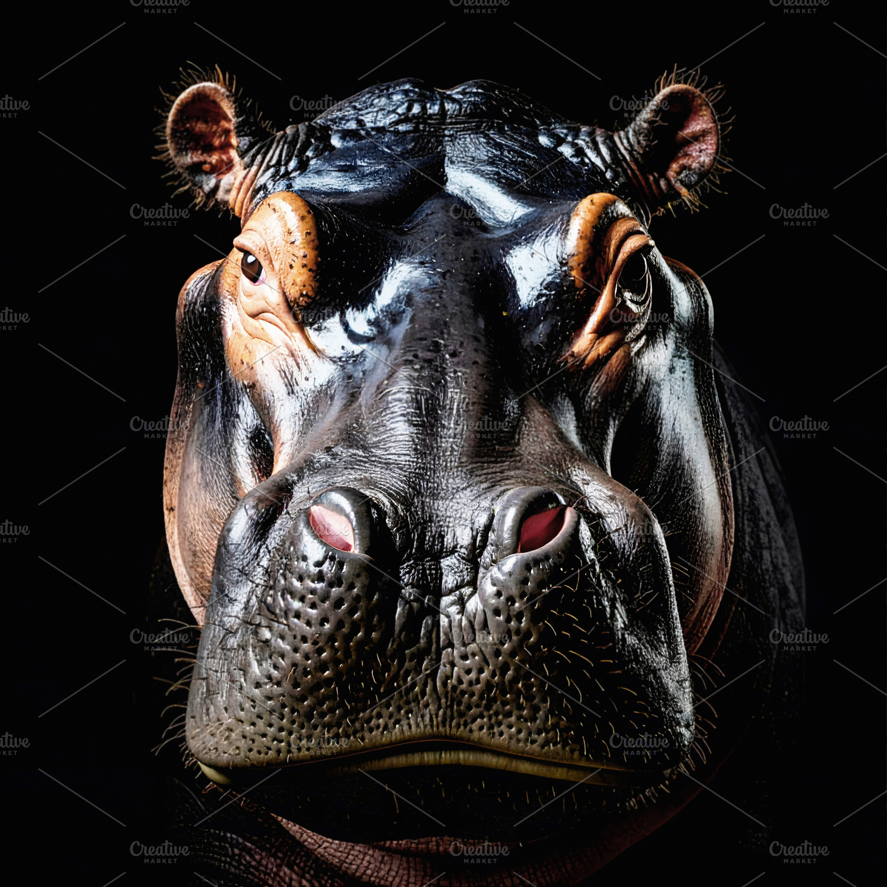 Close-up dramatic portrait of a powerful hippopotamus face, an Animal Photo by GoodGoods