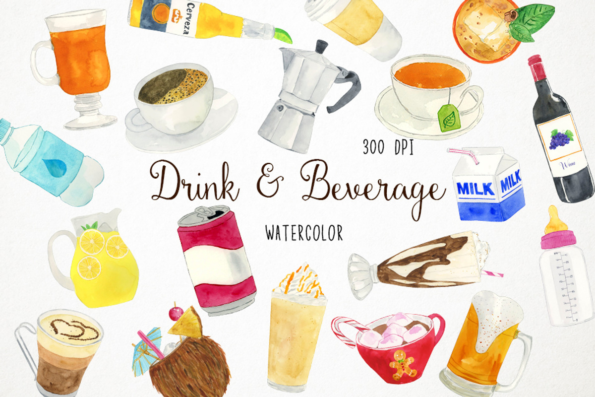 Watercolor Drinks & Beverage Clipart, a Food Illustration by Paulaparaula