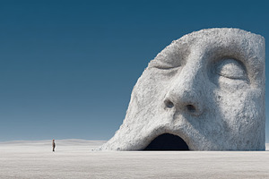 Serene desert scene with giant snow head sculpture and lone traveler under blue, a Photo by AS photostudio