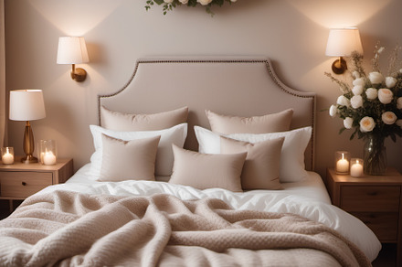 Bed with pillows in a beige interior, an Architecture Photo by Edalin's Store