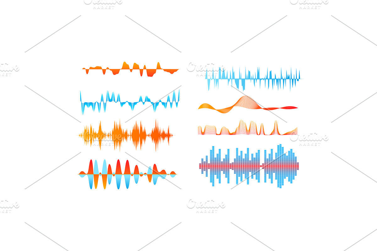 Set of colorful sound waves on white, an Object Illustration by seahorsevector