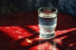 Clear glass of water on red table, a Photo by Pavel_design