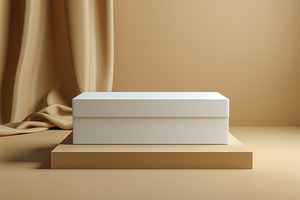 Minimalist white box on a beige pedestal with soft drapery in the background, c, a Business Photo by ImageMir