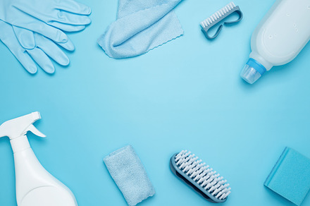 Various accessories cleaning products, sprays, rags, sponges and brushes. Top v, a Photo by matucha