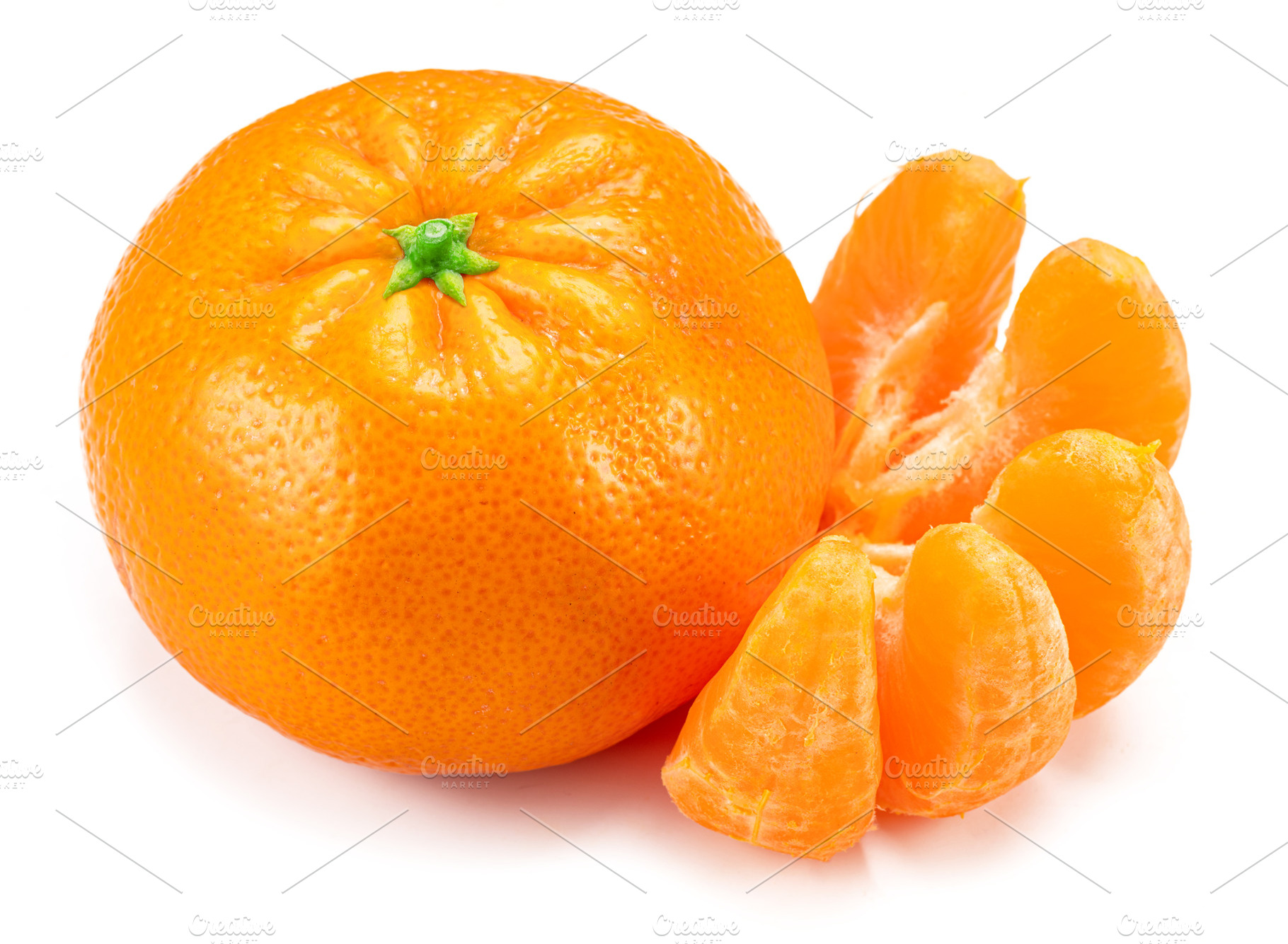 Ripe tangerine fruits with and mandarin slices on white backgrou, a Food & Drink Photo by Volff