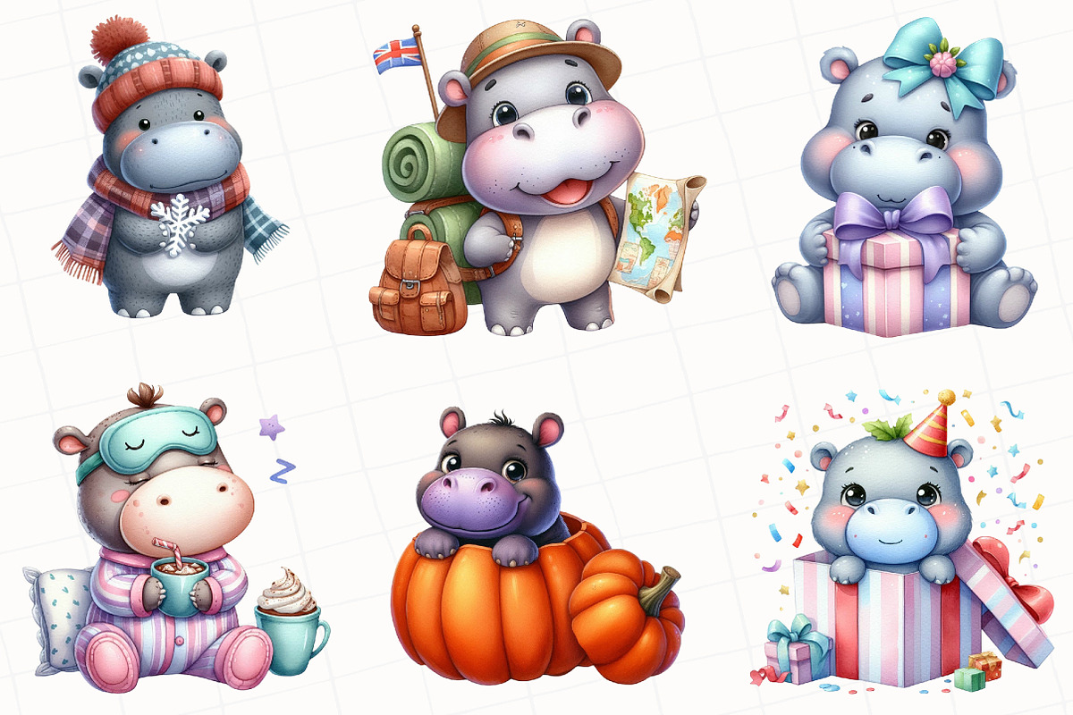 Watercolor Cute Hippo Clipart, an Illustration by OK Design (Photo 5 of 5)