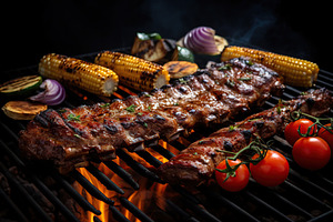 BBQ marinated meat with vegetables on the grill, a Food & Drink Photo by AlyaAnd
