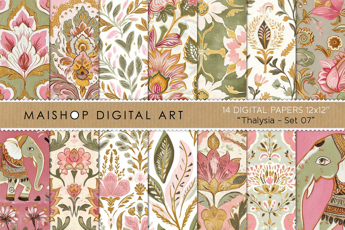 Sage Green & Pink Indian Patterns, a Pattern Graphic by Maishop (Photo 1 of 3)