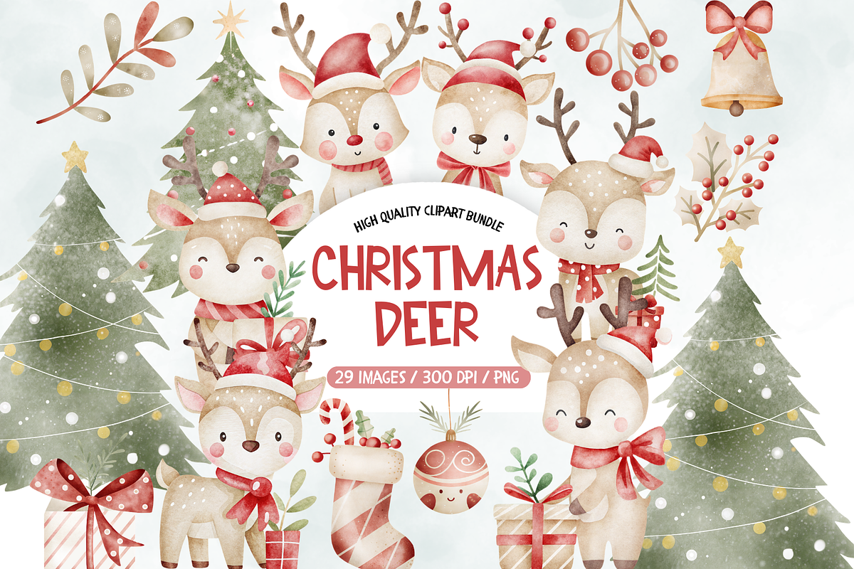 Cute Christmas Deer Clipart Set, an Illustration by TatiMockup (Photo 1 of 4)