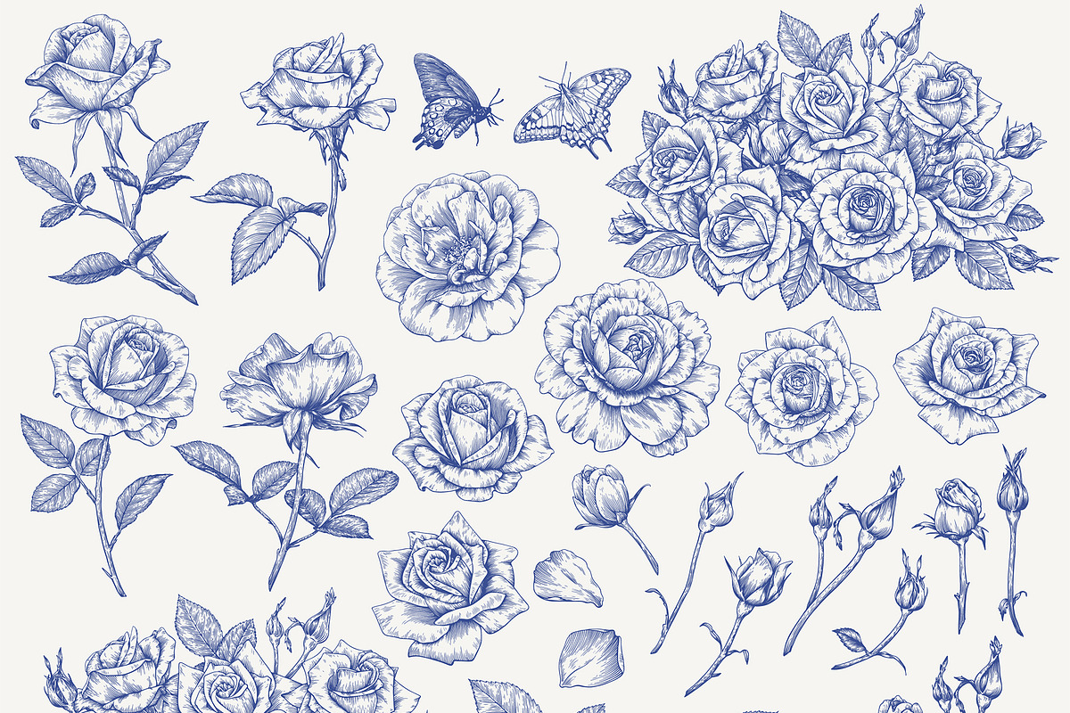 Roses Vintage set Blue Toile Vector, an Object Graphic by ON_lineart_store (Photo 3 of 10)
