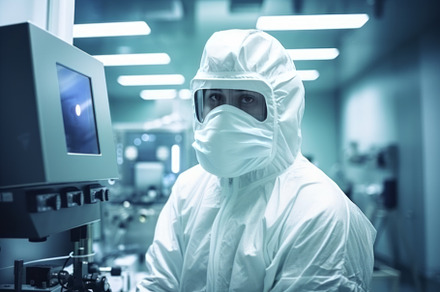 Scientist in Cleanroom Suit Working in a Modern Laboratory, an Abstract Photo by Natalia Klenova's Shop