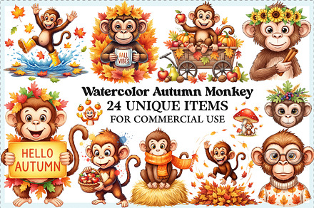 Watercolor Autumn Monkey Clipart