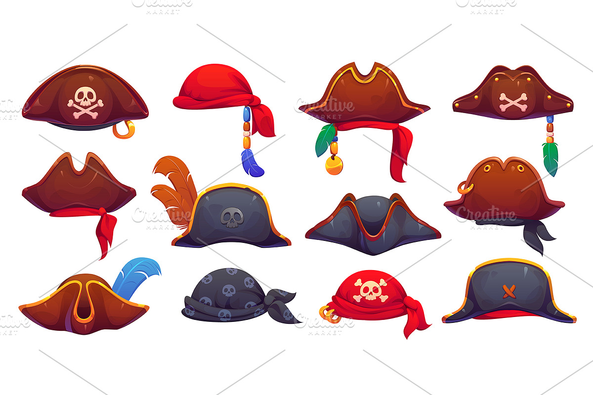 Cartoon pirate tricorn hats bandanas, an Object Illustration by Vector Tradition (Photo 2 of 3)