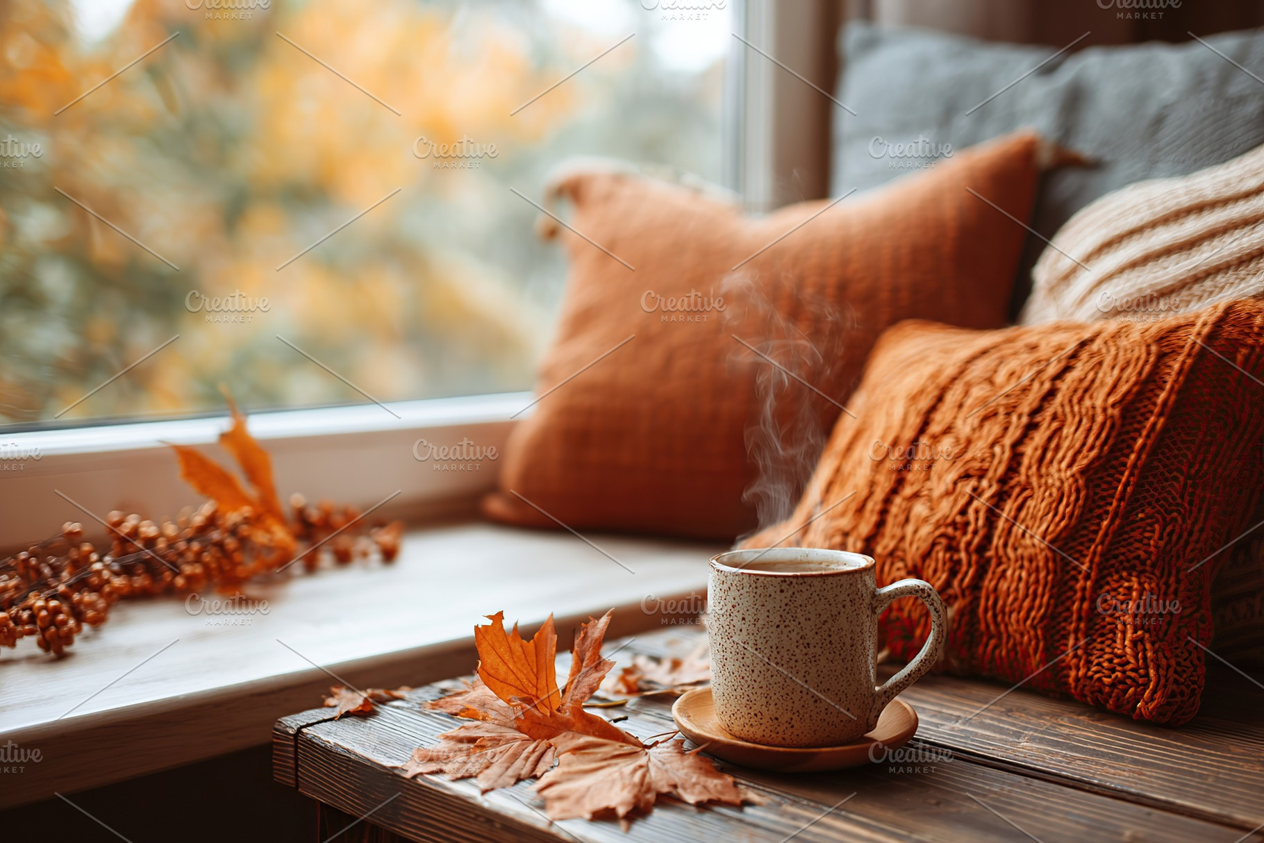 Warm and inviting living room with orange and brown accents for autumn relaxati, a Food & Drink Photo by AlyaAnd