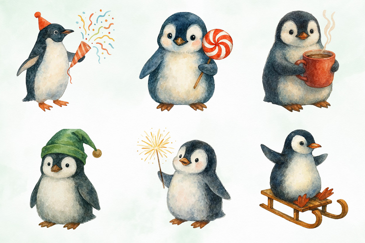 Watercolor Cute Christmas Penguins, an Illustration by Creative Art (Photo 9 of 10)