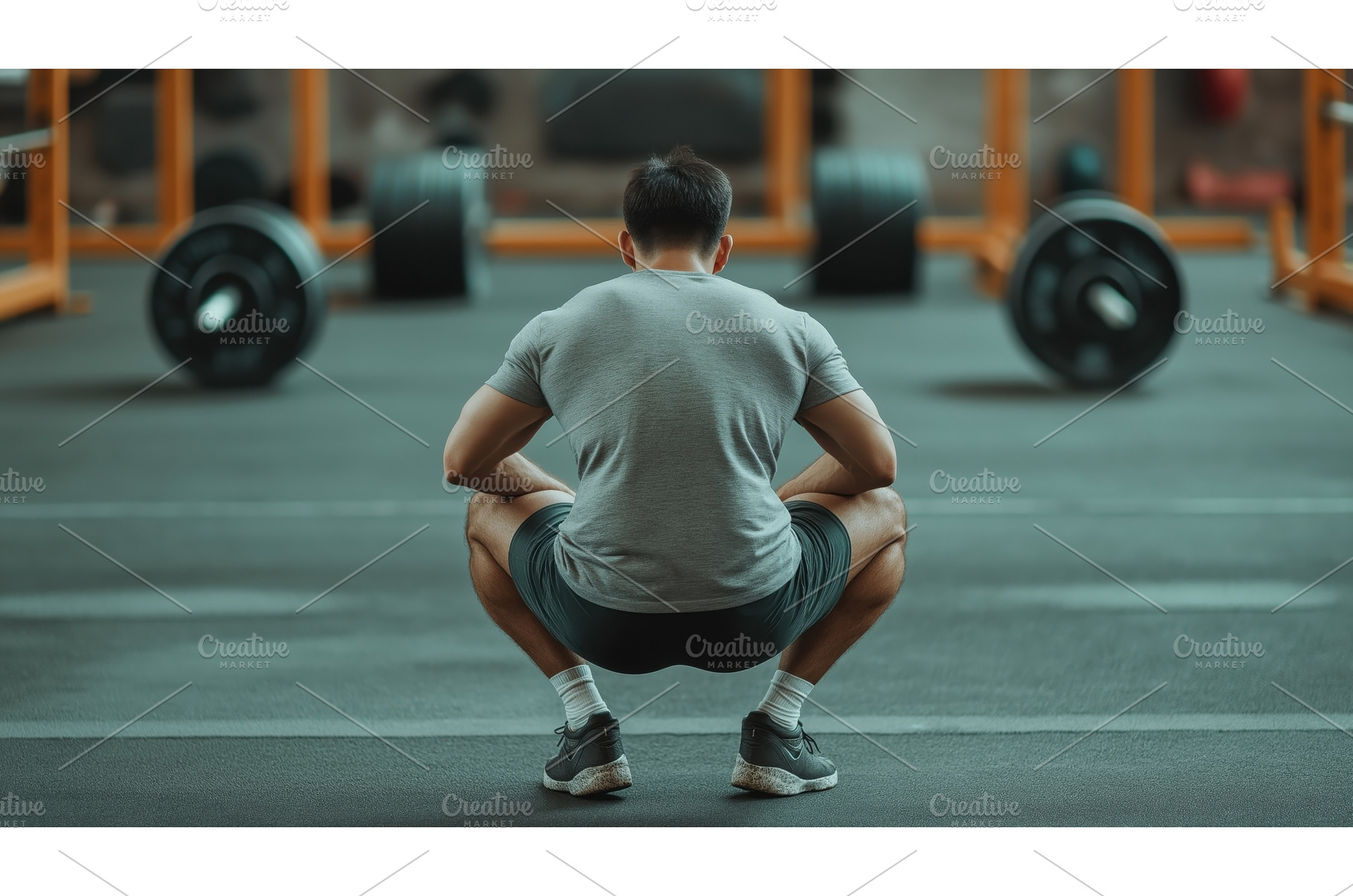 A man in athletic attire squats on a, a Person Photo by Sergey Kotenev