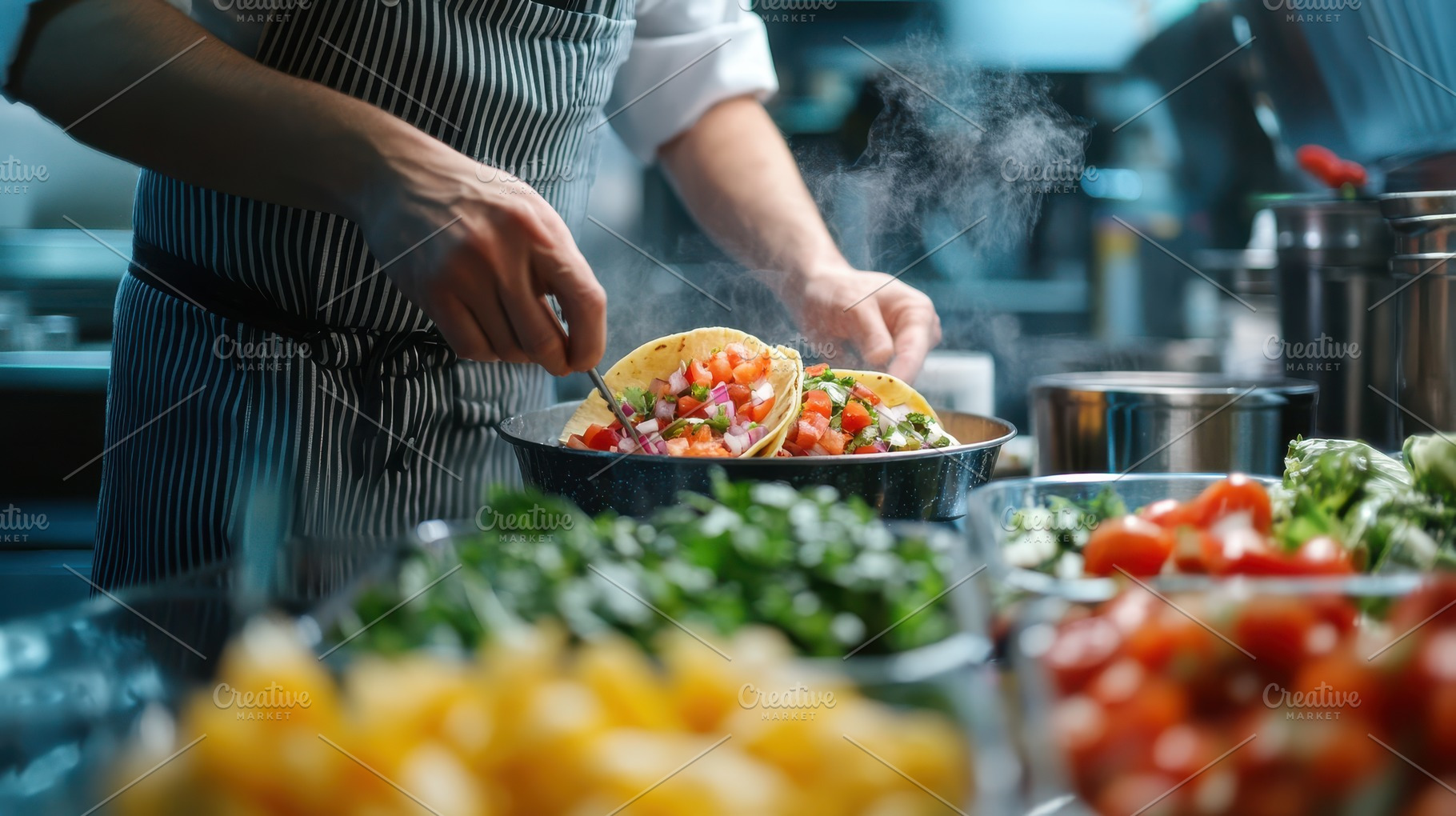 Chef preparing fresh tacos in a busy, a Background Photo by Pixeness