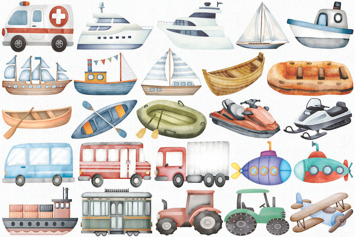 Watercolor Transportation Clipart, a Transportation Illustration by CropUp Creative (Photo 3 of 5)