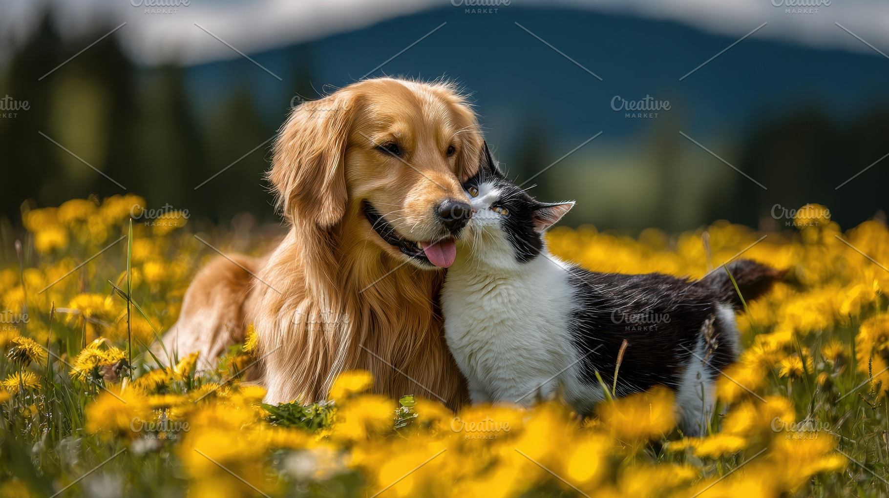 Golden Retriever and Cat in Dandelio, a Photo by Pixeness Studio