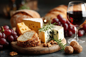 Gourmet cheeses and crusty bread slices accompanied by wine and grapes at a rus, a Food & Drink Photo by AlyaAnd