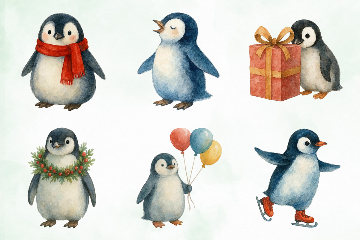 Watercolor Cute Christmas Penguins, an Illustration by Creative Art (Photo 2 of 10)