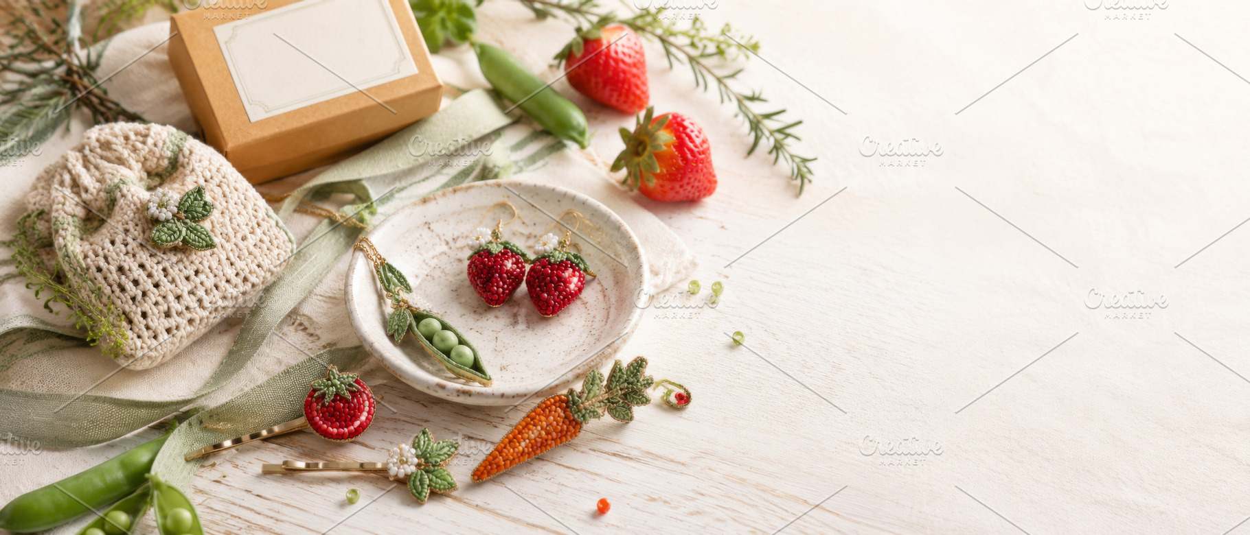 Strawberries and peas with crafted d, a Photo by Dvoevnore photos