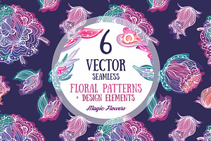 Magic FLowers 6 Vector Patterns
