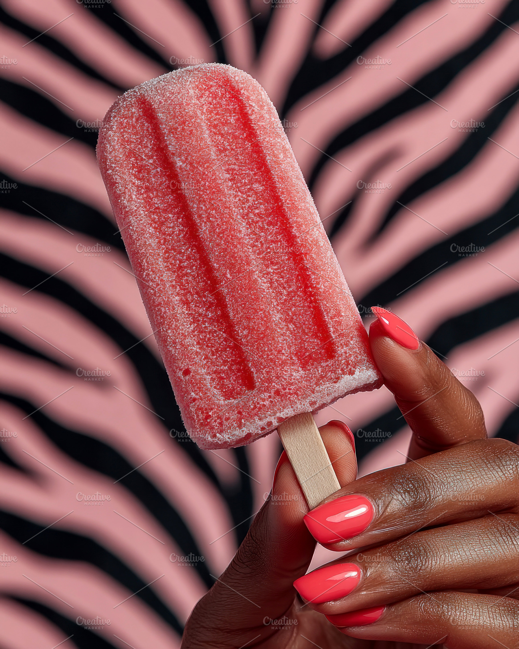 Bright red popsicle held by a hand with glossy coral nails again, a Photo by José Manuel Gelpi