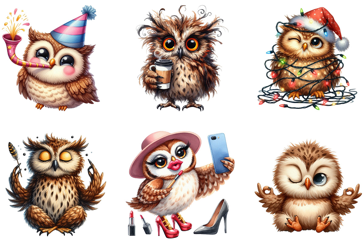 Watercolor Funny Owl Clipart, an Illustration by DreamArtGraphic (Photo 3 of 5)