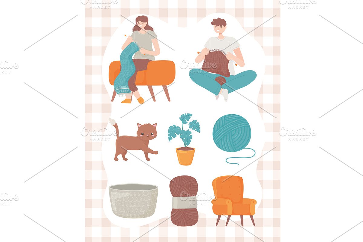 woman and man knitting, a Person Illustration by studiogstock